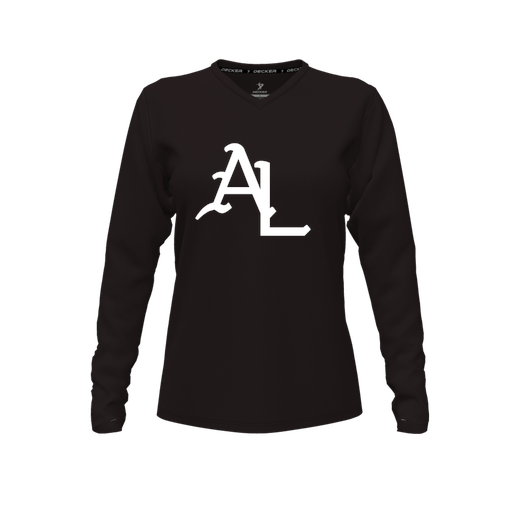 [CUS-DFW-TEES-CMF-VNK-LSL-BLK-FYXS-LOGO1] Decker Comfort T-Shirt (Female Youth XS, Black, V Neck, Logo 1, Long Sleeve)
