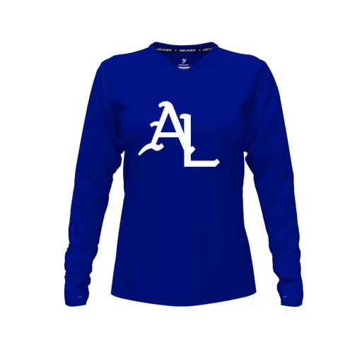 [CUS-DFW-TEES-CMF-VNK-LSL-RYL-FYXS-LOGO1] Decker Comfort T-Shirt (Female Youth XS, Royal, V Neck, Logo 1, Long Sleeve)