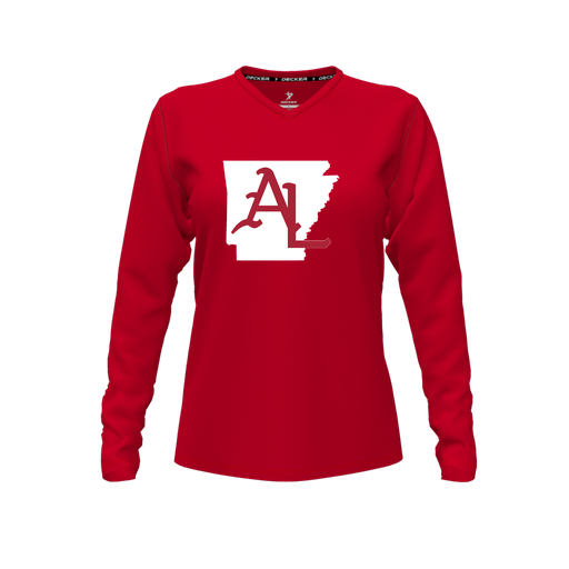 [CUS-DFW-TEES-CMF-VNK-LSL-RED-FYXS-LOGO2] Decker Comfort T-Shirt (Female Youth XS, Red, V Neck, Logo 2, Long Sleeve)
