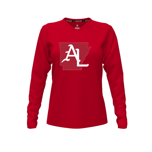 [CUS-DFW-TEES-CMF-VNK-LSL-RED-FYXS-LOGO3] Decker Comfort T-Shirt (Female Youth XS, Red, V Neck, Logo 3, Long Sleeve)