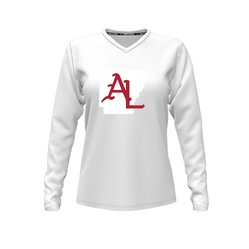 [CUS-DFW-TEES-PER-VNK-LSL-WHT-FYXS-LOGO2] Decker Performance T-Shirt (Female Youth XS, White, V Neck, Logo 2, Long Sleeve)