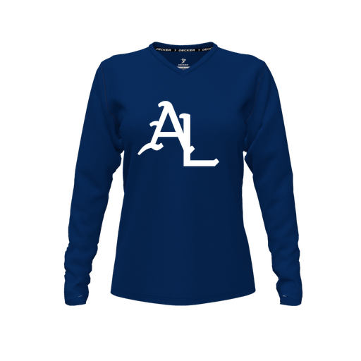 [CUS-DFW-TEES-PER-VNK-LSL-NVY-FYXS-LOGO1] Decker Performance T-Shirt (Female Youth XS, Navy, V Neck, Logo 1, Long Sleeve)