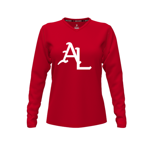 [CUS-DFW-TEES-PER-VNK-LSL-RED-FYXS-LOGO1] Decker Performance T-Shirt (Female Youth XS, Red, V Neck, Logo 1, Long Sleeve)