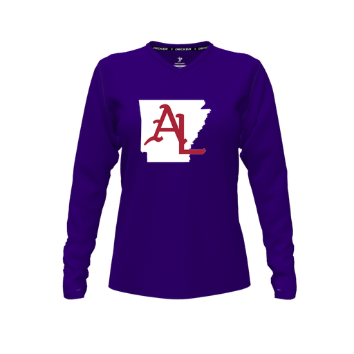 [CUS-DFW-TEES-PER-VNK-LSL-PUR-FYXS-LOGO2] Decker Performance T-Shirt (Female Youth XS, Purple, V Neck, Logo 2, Long Sleeve)