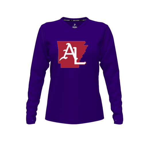 [CUS-DFW-TEES-PER-VNK-LSL-PUR-FYXS-LOGO3] Decker Performance T-Shirt (Female Youth XS, Purple, V Neck, Logo 3, Long Sleeve)